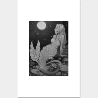 Black and White Moon mermaid Posters and Art